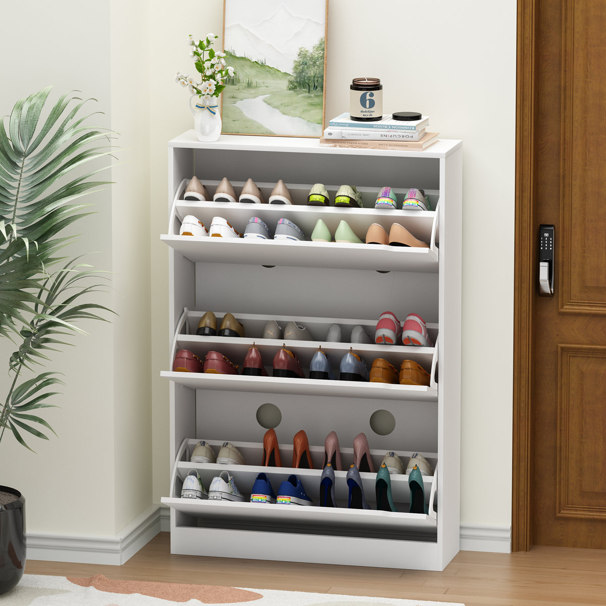 3-Tier Shoe Storage Cabinet with Flip Drawers, 16-20 Pair Free Standing Shoe Organizer 31.5''W for Entryway